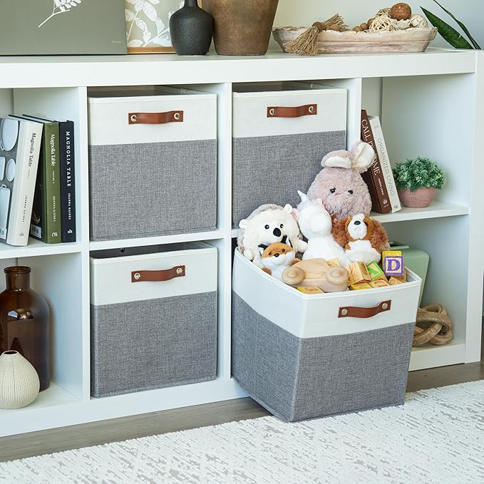 OrganiHaus 12x12 Fabric Storage Bins - Set of 4, Cube Fabric Organizer Bins with Vegan Handles, Kallax Storage Cubes, Cubbies Organizer Boxes, 12Inch Cubic Baskets for Shelves - Grey / White