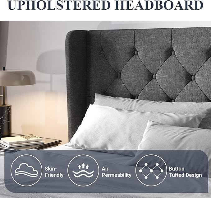 Allewie King Size Upholstered Platform Bed Frame with Wingback and Button Tufted Headboard for Reading, Strong Wood Slat Support, Modern Design, Easy Assembly, Dark Grey