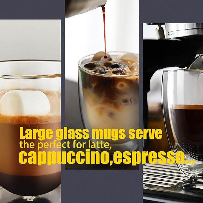 PunPun 17OZ. 500ml Clear Coffee Mugs, Glass for Coffee, Double Wall Insulated Glass Mugs with Big Handle, Every Day for Americano, Latte, Cappuccinos and Beverage.Set of 4