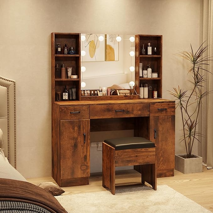 Makeup Vanity Desk with Lighted Mirror, 3 Lighting Colors, Large Vanity Set Makeup Table with 3 Drawers, 2 Cabinets and Multiple Shelves 45.2in(W)(Rustic Brown)