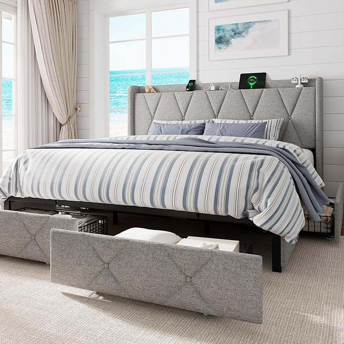 King Size Bed Frame with 4 Storage Drawers, Upholstered Platform Bed with Charging Station, Modern Wingback Storage Headboard, Easy Assembly,Noise-Free, Light Gray