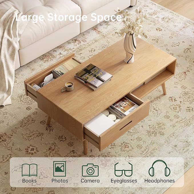 47.24" Solid Wood Coffee Table for Living Room, Oak Coffee Table with Storage Shelf and 2 Drawers, Mid-Century Modern Coffee Tables for Home (Original Wood Color)