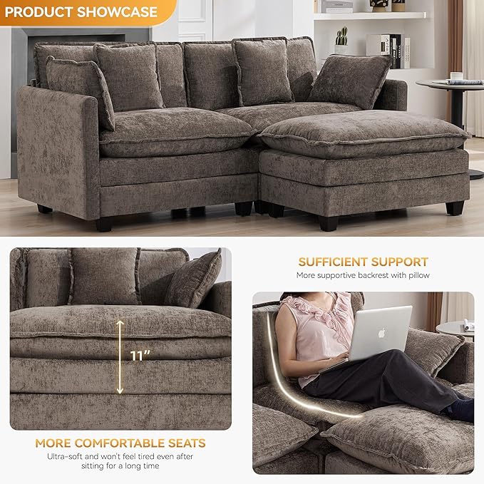 76'' Cloud Deep Seat Loveseat Sofa, Upholstered Chenille Modular 2-Seats Sectional Sofa Couch with Movable Ottoman, Modern Comfy Settee Loveseat for Living Room Set, Small Apartment, Brwon