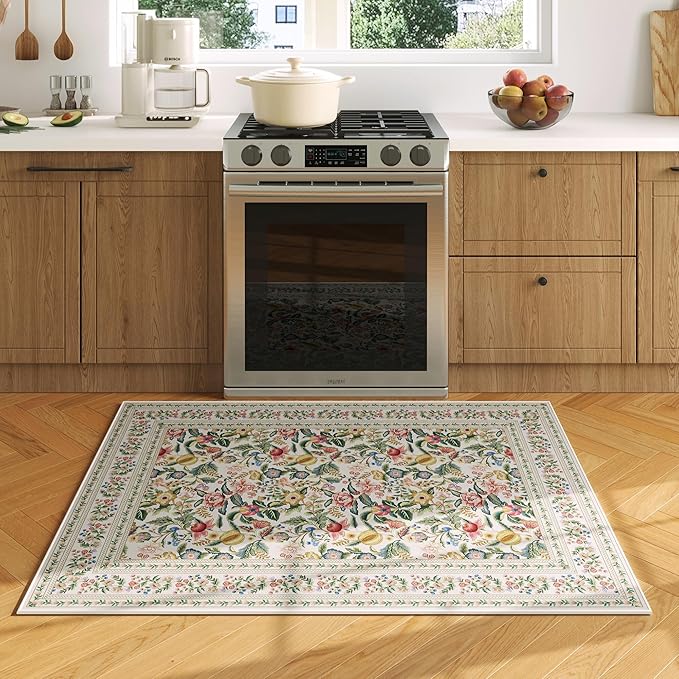 Door Mat Indoor Entrance 2x3 Rug Machine Washable Vintage Floral Small Area Rug Non-Slip Low Pile Throw Rugs for Entryway, Kitchen, Front Door Indoor Entrance, Entry, Kids Room, Beige