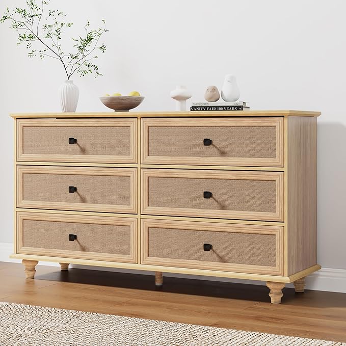 ORRD 6 Drawer Dresser for Bedroom, Mid Century Modern Wide Wood Rustic Chest of Drawers Wooden Storage Organizer Dressers with Burlap Rattan Drawers for Living Room, Hallway Closet, Entryway, Natural