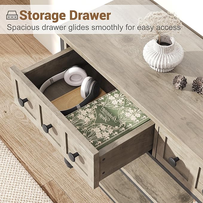 GarveeHome 52" Console Table, Entryway Table with 3 Storage Drawers, 3 Tier Industrial Metal Sofa Table, Behind Couch Table, Hallway Table for Entry, Living Room-Grey