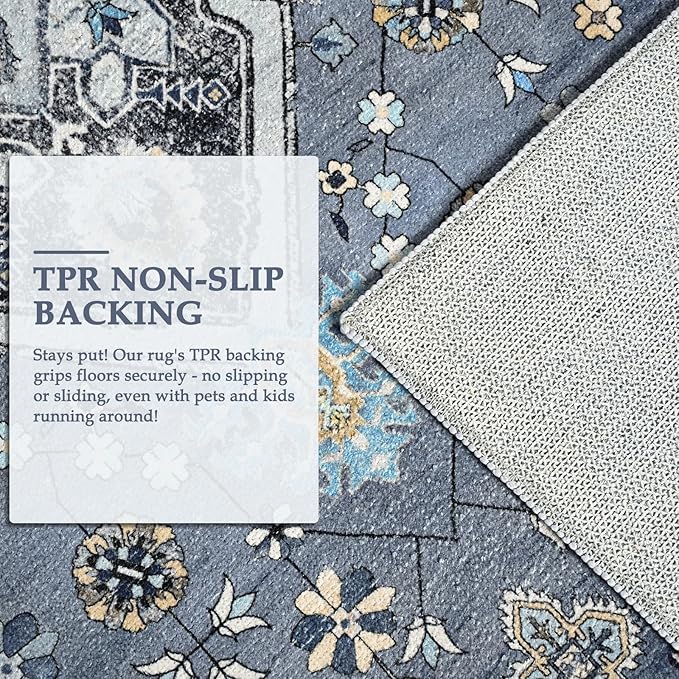 Vintage Area Rug 5x8 Rugs, Machine Washable Vintage Area Rug Non-Slip Low Pile Large Rug for Living Room, Bedroom, Farmhouse, Dining Room, Blue