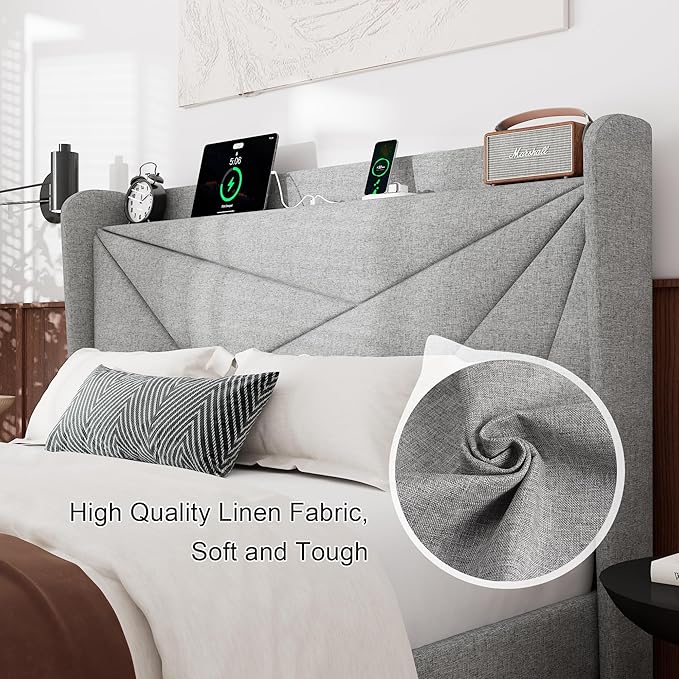 Feonase Queen Bed Frame with Charging Station, Linen Upholstered Platform Bedframe with Wingback Headboard, Solid Wood Slats Support, Noise Free, No Box Spring Needed, Light Grey