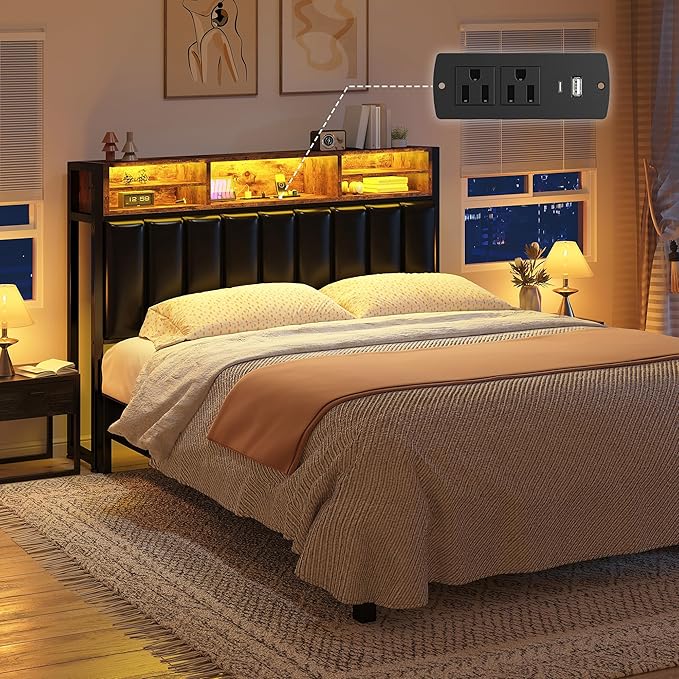 EnHomee Headboard Full Size Bed with Charging Port, Full Size Head Board with LED Light, with Storage Shelf, Headboard Only Upholstered for Bedroom