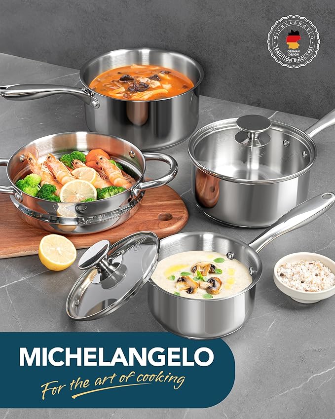 MICHELANGELO Saucepans with Lids & Steamer 7Pcs, Stainless Steel Pot Set with Triply Bottom, 3 Quart Saucepan with Steamer, 18/10 Saucepan Set Induction Compatible - 1QT & 2QT & 3QT