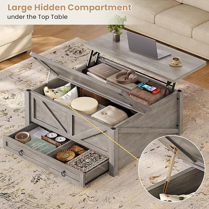 Itaar Wooden Coffee Table, Lift Top Coffee Table with Storage, Square Coffee Tables with Drawers and Hidden Compartment, Center Table for Living Room, Home Office, Grey
