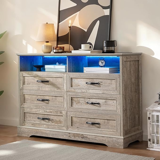 Dressers for Bedroom,6 Drawers Dresser with LED Light,Power Outlets and Open Shelves,Chests of Drawers for 65 inch TV, for Hallway, Entryway, Light Rustic Oak