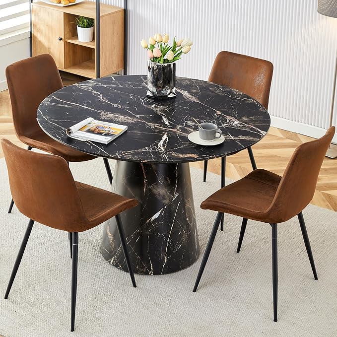 45 Inch Round Dining Table Set for 4, 5 Piece Kitchen Table and Chairs Set, Black Faux Marble Table Top, Small Space Dining Set for Apartment or Dining Room