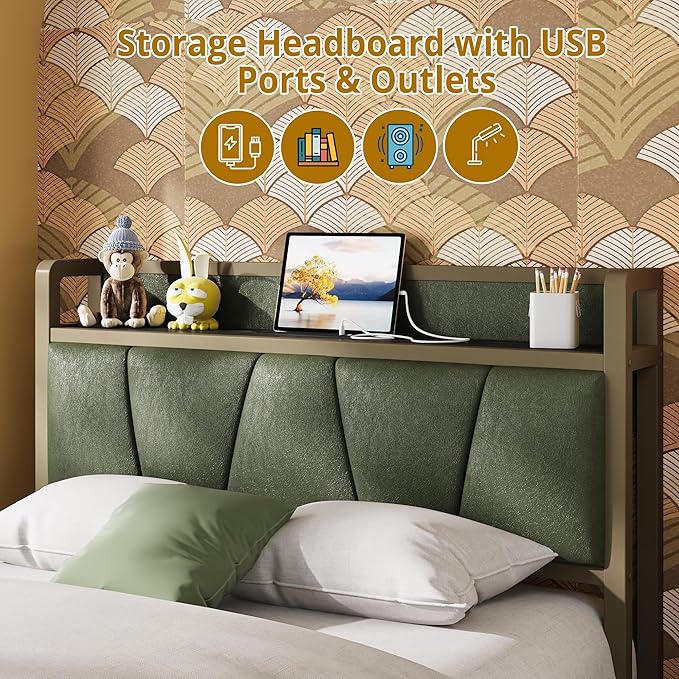 LIKIMIO Twin XL Bed Frame, Storage Headboard with Charging Station, Solid and Stable, Noise Free, No Box Spring Needed, Easy Assembly (Dark Green)