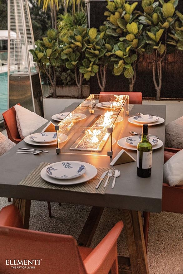 Elementi | Sonoma Gas Fire Pit Cast Concrete Rectangular Dining Fire Table, Outdoor Fire Pit Electronic Ignition | Canvas Cover, Lava Rock Included | Propane Gas