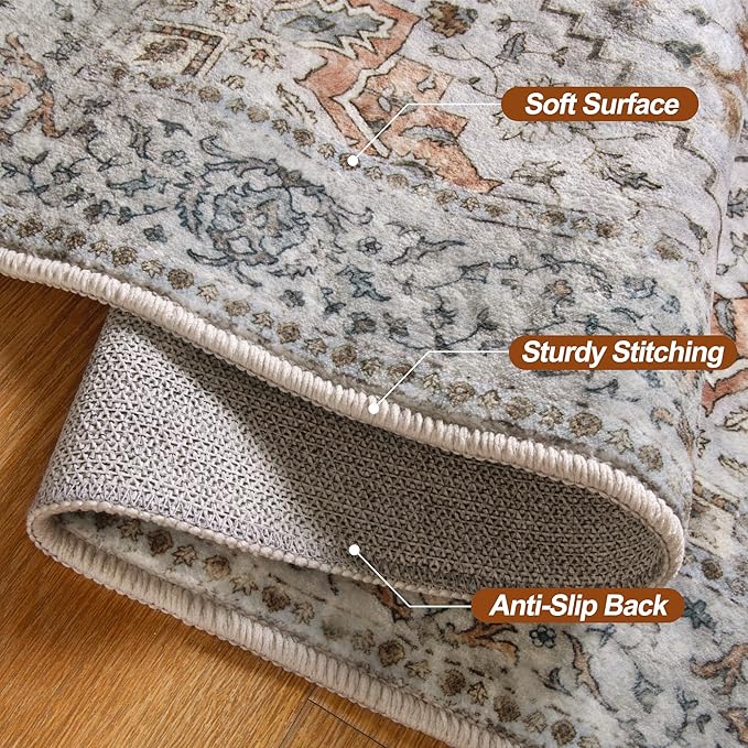 Tangsoo 8x10 Area Rug for Living Room, Washable Vintage Rugs Indoor Non Slip Large Area Rugs, Print Distressed Taupe Carpet, Soft Low Pile Foldable Floor for Bedroom Dining Room Dorm