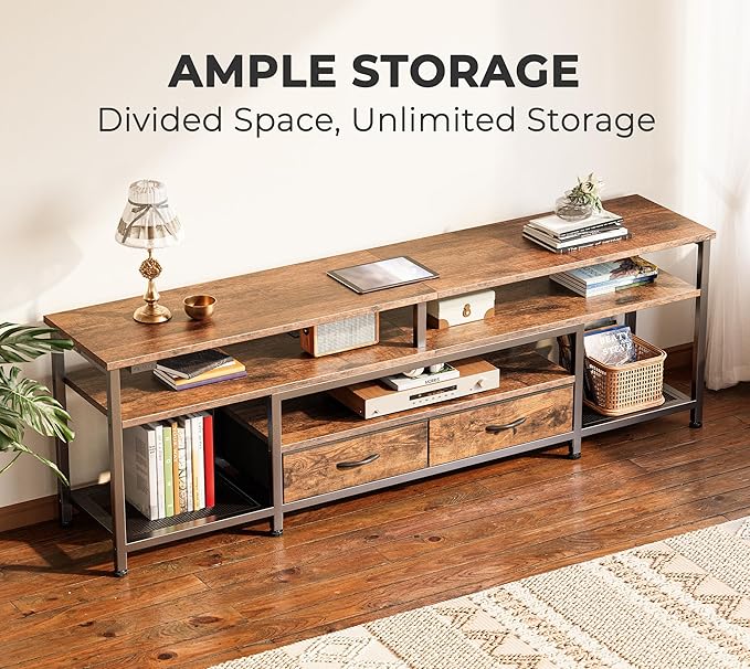 Huuger TV Stand for 65, 70 Inch TV, Entertainment Center with Power Outlets and LED Lights, TV Console for Living Room, Media Console with Drawers and Shelves, Rustic Brown