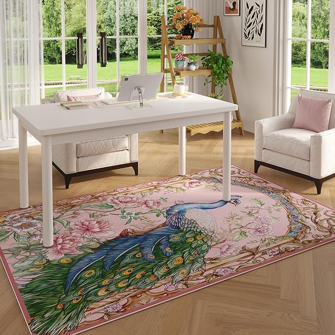 Living Room Rug 5x7 Rug Machine Washable Floral Peacock Area Rug Non Slip Floral Animal Vintage Low Pile Large Rugs for Living Room, Bedroom, Farmhouse, Dining Room, Kids Playroom (Pink)