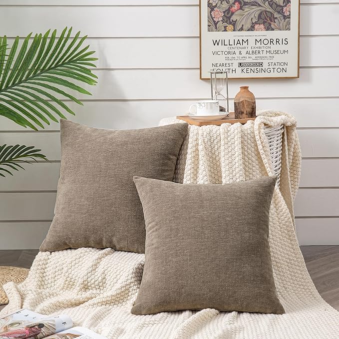 GAWAMAY Decorative Square Throw Pillow Covers 20"x20" Inch Set of 2, Super Soft Chenille Pillows Farmhouse Fall Pillowcase for Living Room Bedroom Sofa Couch Cushion Cover Taupe Grey 50x50cm