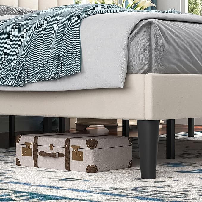 VECELO King Size Bed Frame with Upholstered Headboard, Velvet Platform Bedframe Mattress Foundation, Strong Wood Slat Support, No Box Spring Needed,Velvet Beige