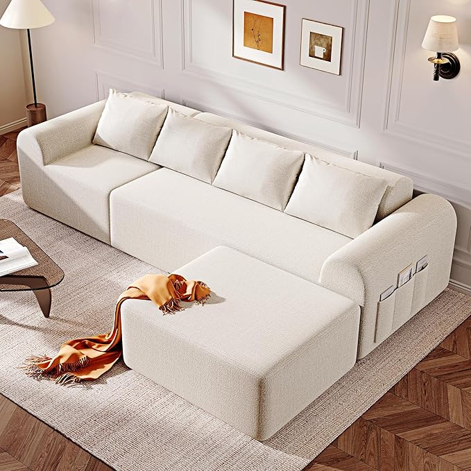 105.5" Cloud Sectional Couch with Ottoman & 4 Pillows, L Shaped Couches Boneless Sofa for Living Room, Chenille Fabric Deep Seat Comfy Couch, No Assembly Required, 72h to Restore