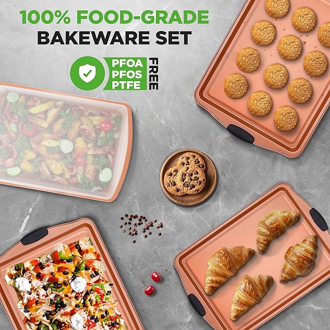NutriChef 5 Piece Baking Pan Set - PFOA, PFOS, PTFE Free Flexible Nonstick Carbon Steel Bakeware Set - Home Kitchen Bake Pan Cookie Sheet Stackable Baking Tray Set w/Black Silicone Handles NC5PCS