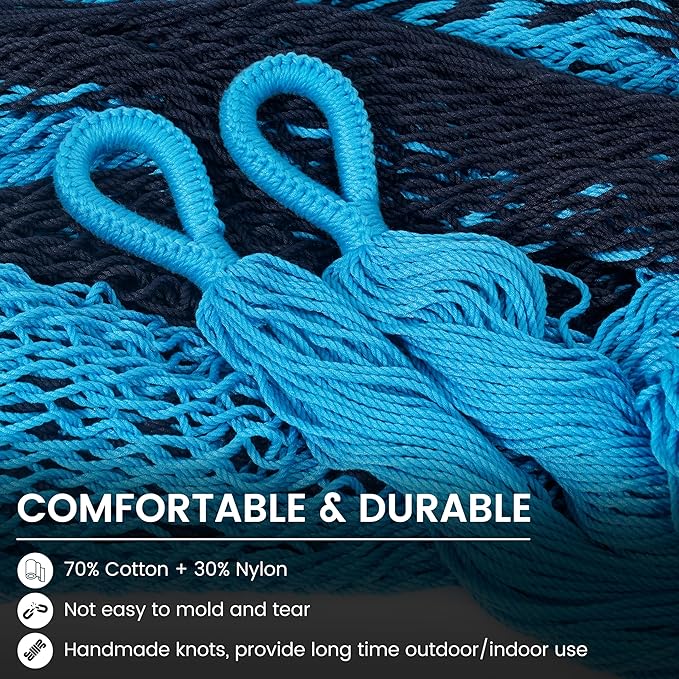 LazyDaze Hammocks Handwoven Outdoor Double Rope Mayan Hammock Bed, Tree Hammocks with Stand for Outside Patio Indoor Bedroom, hamacas para adultos, Blue
