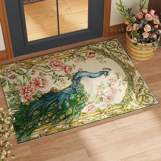 Door Mat Indoor Entrance 2x3 Rug Machine Washable Floral Peacock Animal Small Area Rug Non-Slip Low Pile Throw Rugs for Entryway, Kitchen, Front Door, Entry, Kids Room (Beige)