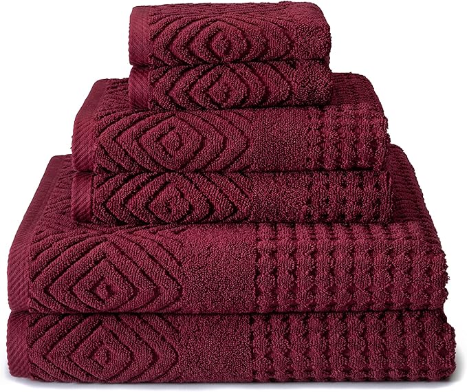 Texere 100% Organic Cotton 700 GSM Luxury Bath Towel Sets - Ultra Soft Hotel and Spa Quality, 2 Large Bath Towels, 2 Hand Towels, 2 Washcloths (Diamond, Merlot, 6 Piece)