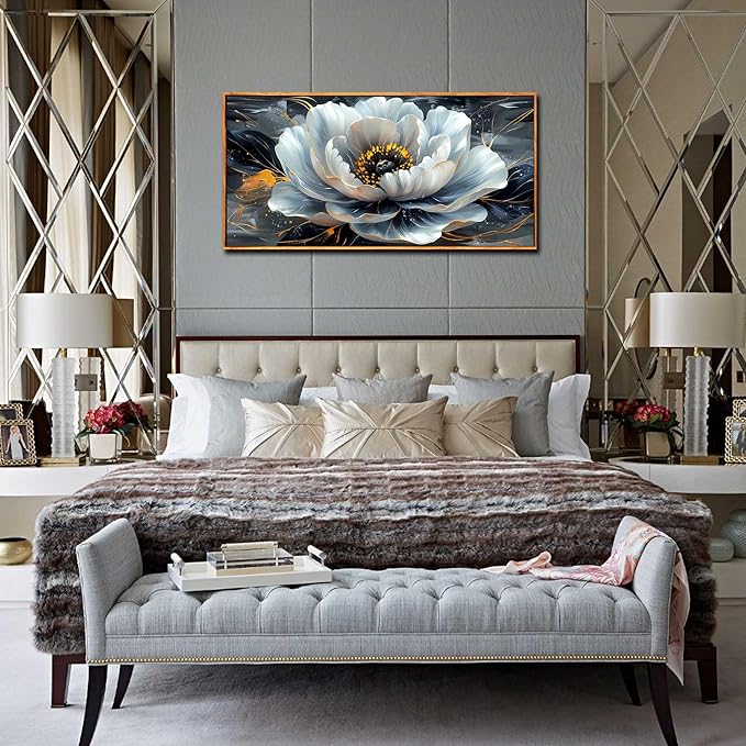 Flower Canvas Wall-Art - Black and White Canvas Wall Art for Bedroom - Floral Wall Art Framed Size 24" x 48"