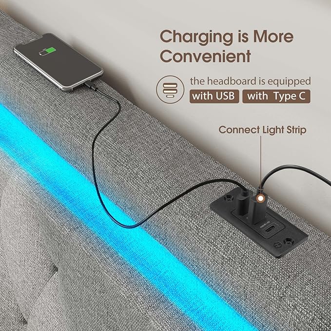 GREENSTELL Headboard for Queen Size Bed with 60,000 DIY Color of LED Light, USB & Type C Post, Attach Frame, Height Adjustable, Gray Wall Mounted Head Boards Only, Sturdy & Stable, Comfortable, Queen