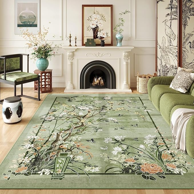 5x7 Area Rugs Chinoiserie-Style Floral Vintage Large Washable Rug Non Slip Low Pile for Living Room, Bedroom, Farmhouse, Dining Room, Kids Playroom, Green
