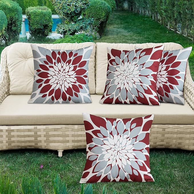 Qahing Pack of 4 Outdoor Waterproof Pillow Covers 20x20 Decorative Outdoor Throw Pillows Garden Square Cushion Cases for Patio Furniture, Couch, Tent Sunbrella, Bench, Burgundy Red Grey