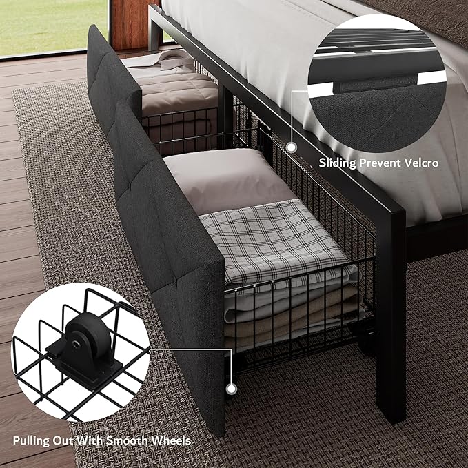 iPormis King Bed Frame with 2 Storage Drawers, Linen Upholstered Headboard Platform Bed with Charging Station, No Box Spring Needed, Metal Slats Support, Noise-Free, Easy Assembly, Grey