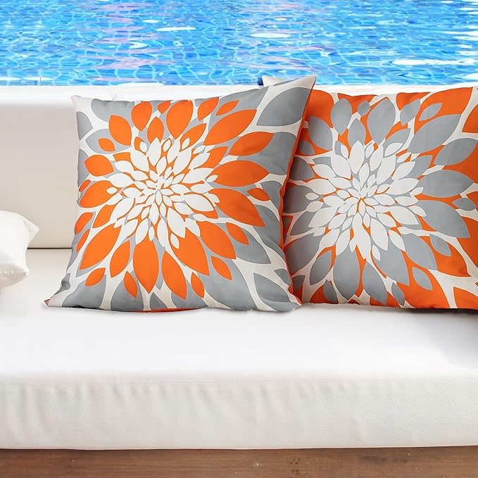 Qahing Pack of 4 Fall Outdoor Waterproof Pillow Covers 18x18 Decorative Outdoor Throw Pillows Garden Square Cushion Cases for Patio Furniture, Couch, Tent Sunbrella, Bench, Orange Grey