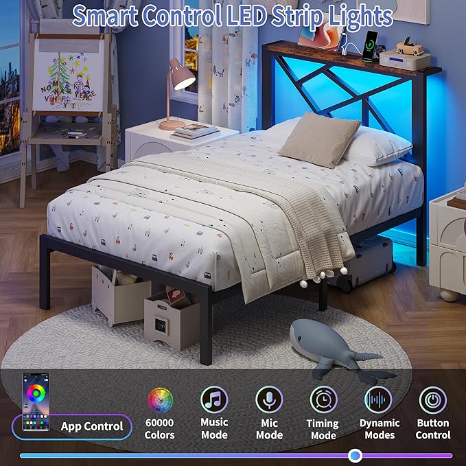 Twin Size Black Metal Bed Frame with USB Charging Station, LED Ambient Lighting, and Wooden Storage Headboard - Includes Under-Bed Storage, No Box Spring Needed, Noise Free, Easy Assembly
