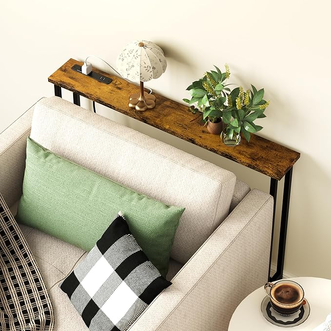 39" Sofa Table Narrow Long with Power Outlets & 2 USB Ports, Metal Frame Behind Couch Table Behind Sofa Perfect for Hallway, Living Room, Entrance Easy Assembly, 4.9' Extension Cord Included