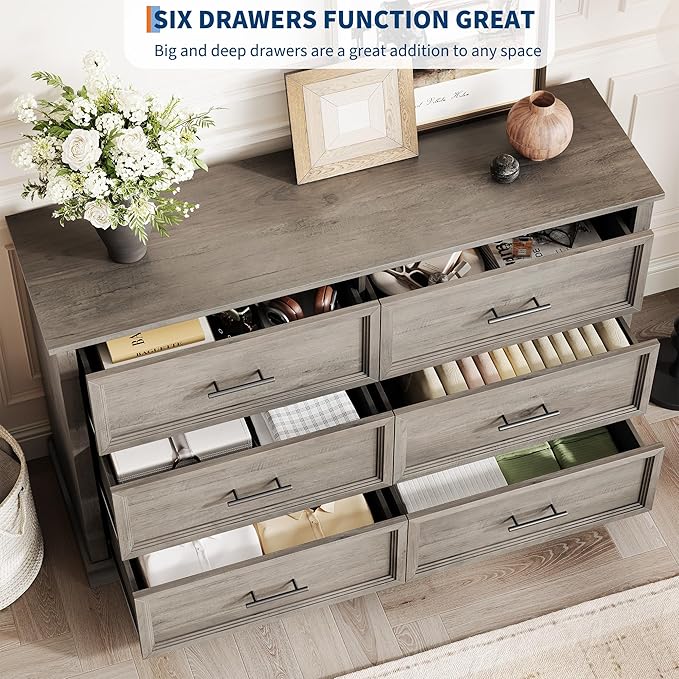 GAOMON Grey 6 Drawer Dresser for Bedroom, Farmhouse 47.2" Wide Chest of Drawers with Metal Handles, Rustic Double Wood Dresser, Storage Dressers Organizer for Living Room, Nursery