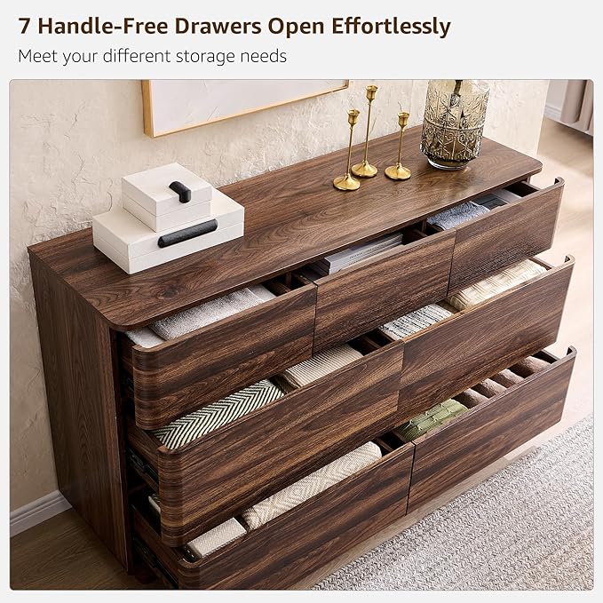 Modern 7 Drawer Dresser for Bedroom, 52" Wide Handleless Chest of Drawers, Push-to-Open Large Wood Storage, Dresser TV Stand for Bedroom, Living Room, Hallway, Curved Profile, Brown