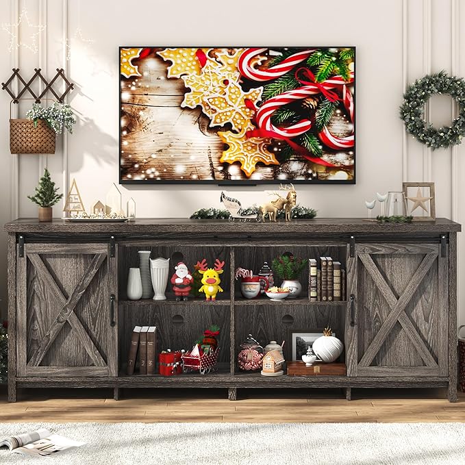 Farmhouse TV Stand for 80 Inch TV with Sliding Barn Door, Rustic Wood Entertainment Center Large Media Console Cabinet Long Television Stands,Console Table and Media Furniture for Living Room(Grey)