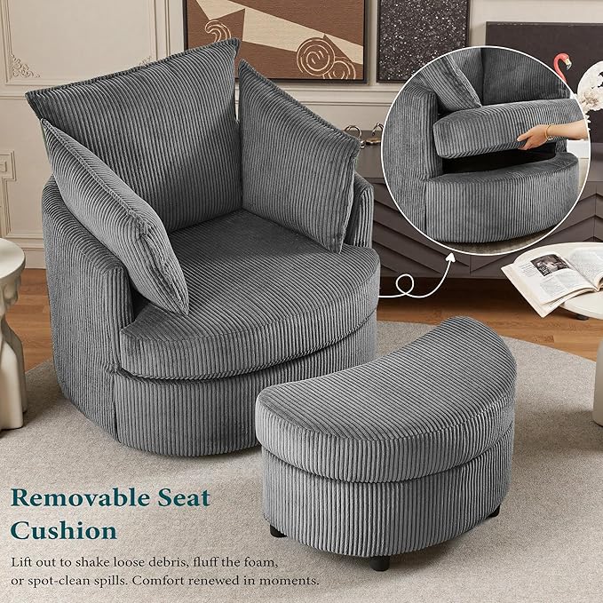 Swivel Accent Chair with Ottoman Comfy Reading Chairs for Bedroom Modern Corduroy Arm Chair 360°Swivel Barrel Chairs for Living Room,Apartment (Dark Grey, 1)