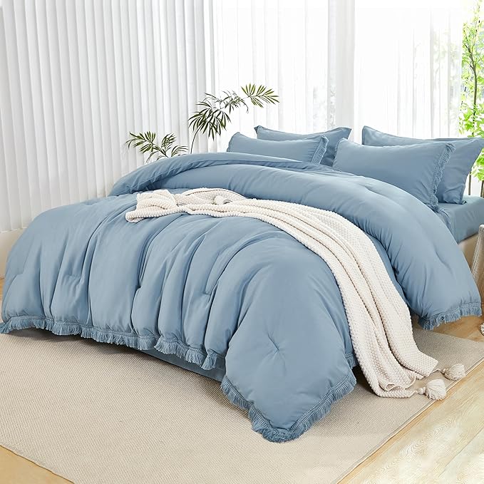 Andency Grayish Blue Comforter Set King Size with Sheets -7 Pieces Boho Tassel Bed in a Bag Soft Lightweight Bedding Sets, All Season Fringe Bed Set with Comforter, Sheets, Pillowcases & Shams