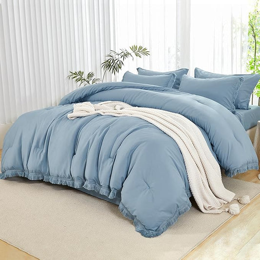Andency Grayish Blue Comforter Set King Size with Sheets -7 Pieces Boho Tassel Bed in a Bag Soft Lightweight Bedding Sets, All Season Fringe Bed Set with Comforter, Sheets, Pillowcases & Shams