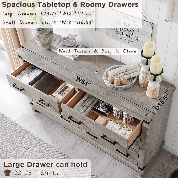 T4TREAM Farmhouse 7 Drawers Dresser for Bedroom, 54" Wide Wood Chest of Drawers w/Natural Texture & Metal Handle, Rustic Storage Dressers Organizer for Living Room, Hallway, Light Rustic Oak