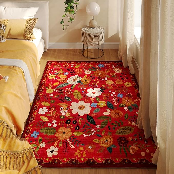 Area Rug 4x6 Rug Washable Boho Rugs Non Slip Low Pile Floral Small Carpet for Bedroom, Bedside, Kids Room, Office, Dining Room(Red)