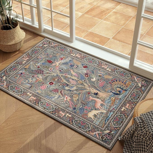 Indoor Door Mat 2x3 Rug Vibrant Tree of Life-Patterned Vintage Machine Washable Small Area Rug Non-Slip Low Pile Throw Rugs for Entryway Kitchen Front Door Entrance Entry Kids Room, Grey
