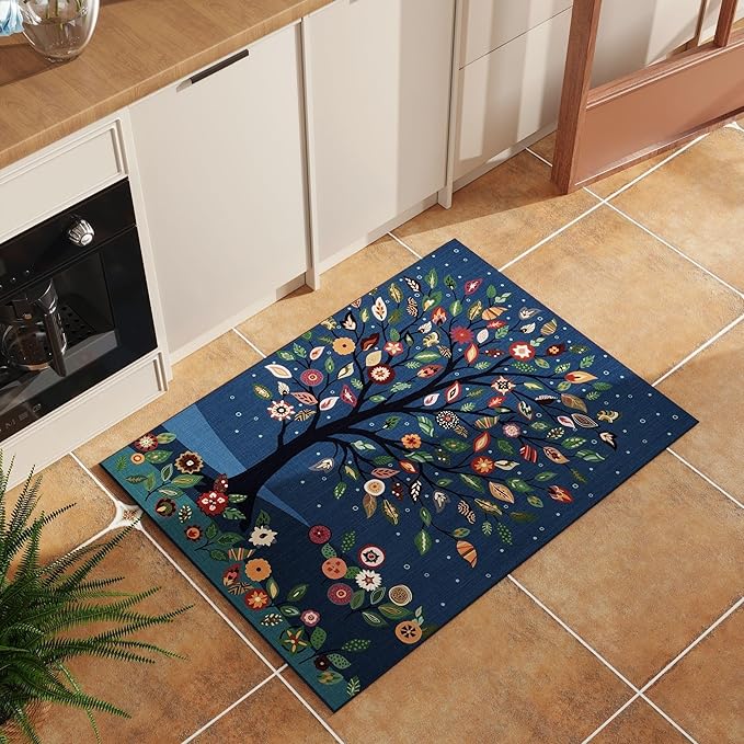 Door Mat Indoor Entrance 2x3 Rug Floral Tree Machine Washable Small Area Rug Bohemian Non-Slip Low Pile Throw Rugs for Entryway, Kitchen, Front Door Indoor Entrance, Entry, Kids Room, Blue