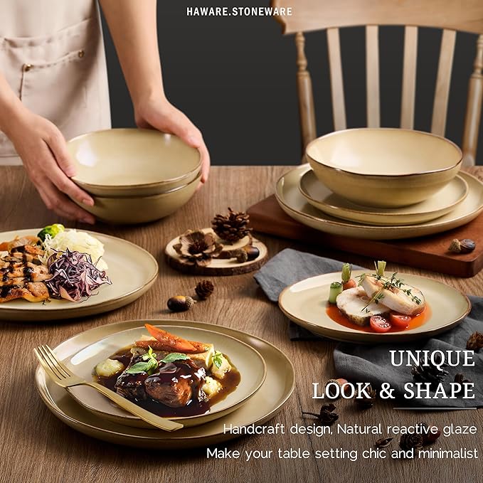 HaWare Plates and Bowls Set, Stoneware Dinnerware Sets, 18-Piece Hand-painted Dishware for 6, Scratch Resistant Ceramic Dinner Set for Home Kitchen, Microwave and Dishwasher Safe, Reactive Sandy Khaki