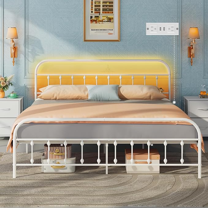 WLIVE Bed Frame King Size, King Size Bed Frame with Storage and Headboard, King Bed Frames with LED Lights and Charging Station, White