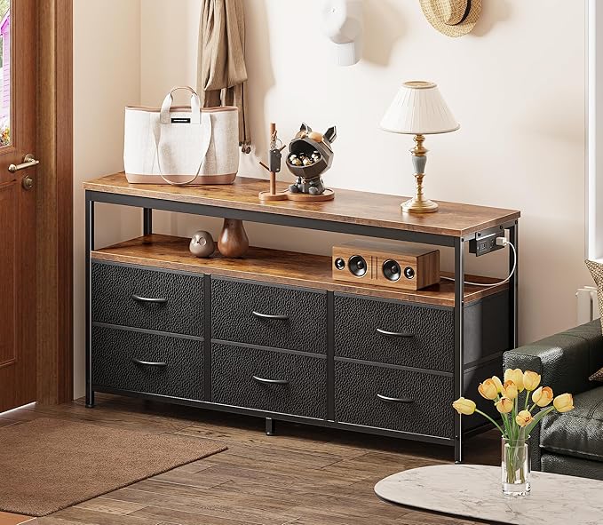 Huuger LED TV Stand for Bedroom, 47 Inch Dresser TV Stand for 43, 50, 55 Inch TV, Rustic Black TV Stand with Storage, Entertainment Center with Power Outlets, 6 Drawer Fabric Dresser for Living Room